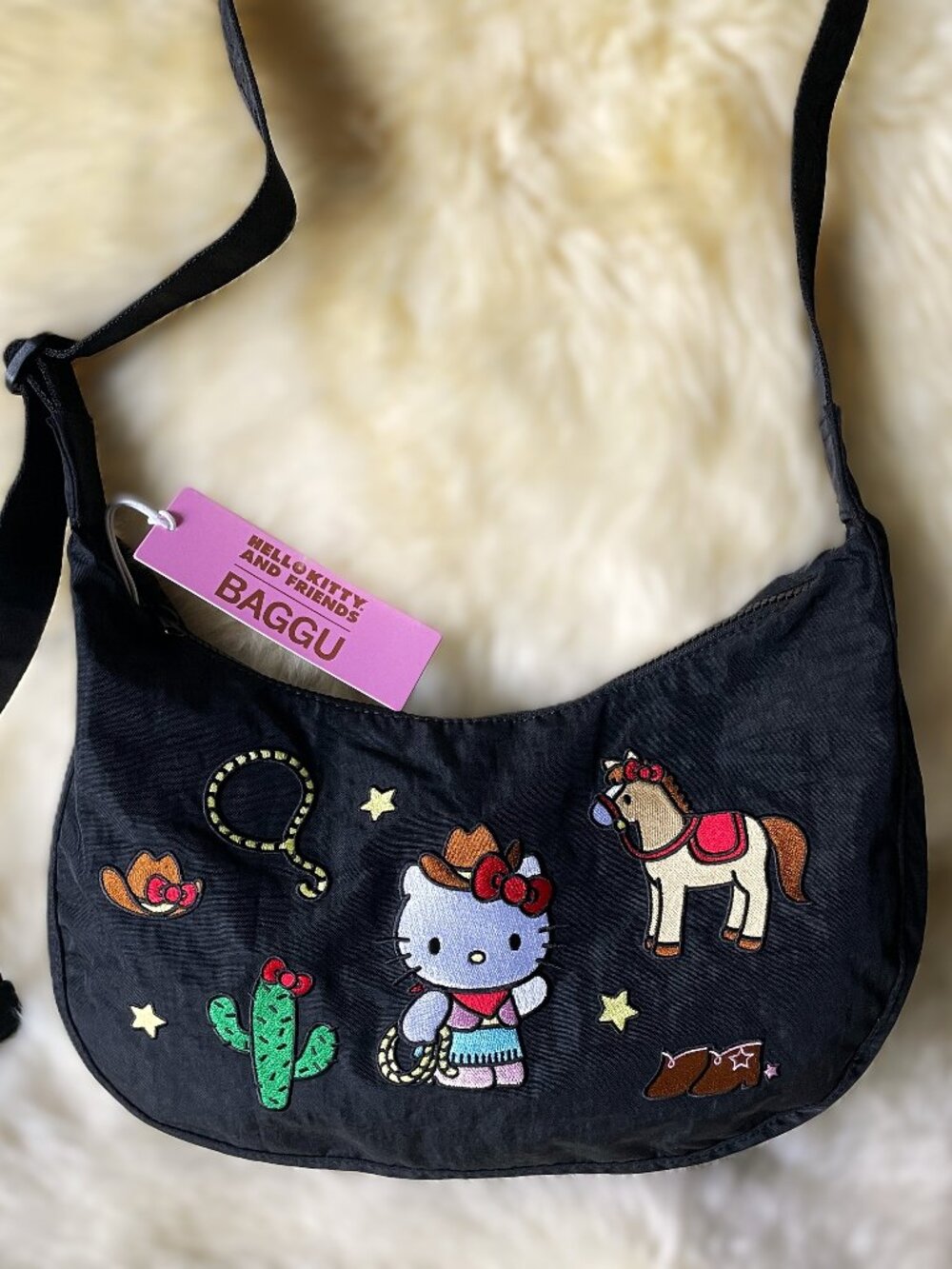NWT Baggu Medium Crescent Bag - Embroidered Hello Kitty Western